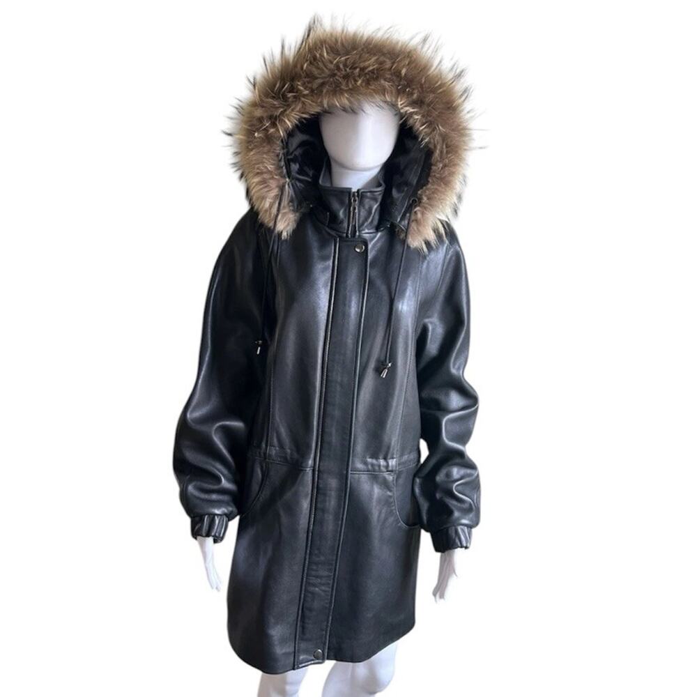 Vintage Worthington Lambskin Leather Coat Real Raccoon Fur Hood Black M